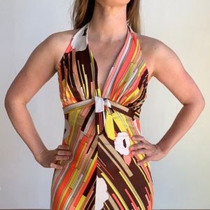 Vintage 1970's Maxi Dress Psychedelic Halter Beach Sun Dress Orange Yellow Brown